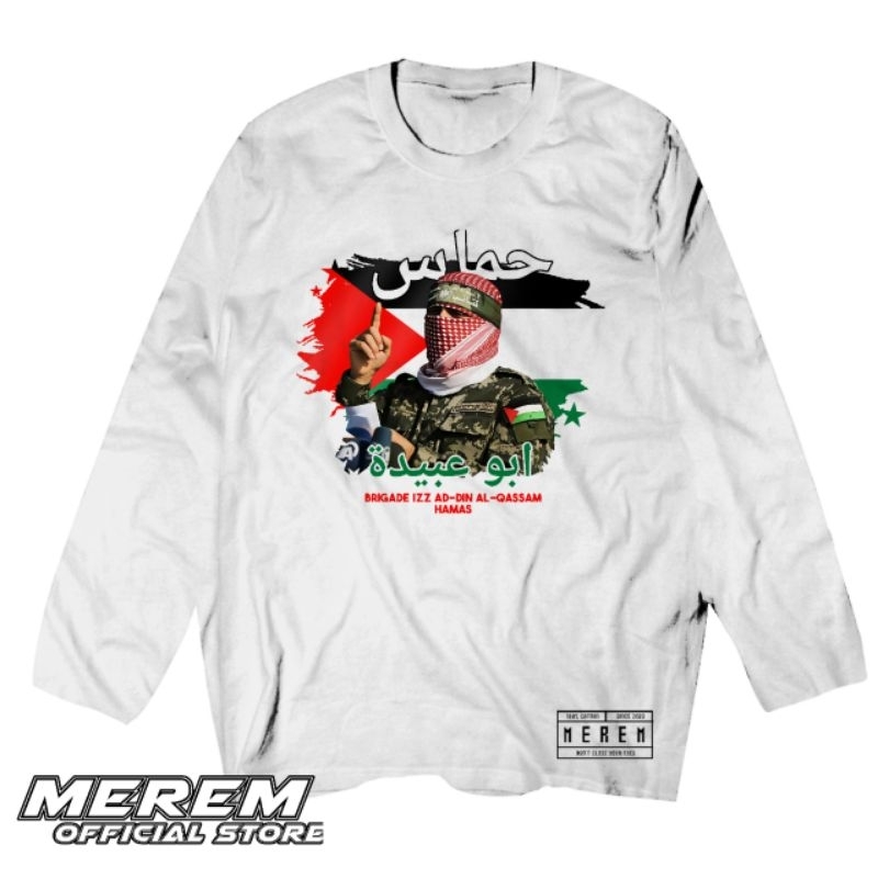 Merem/Kaos Palestina lengan panjang putih jumbo/distro combat 30s/20s/24s unisex pria wanita/kaos da