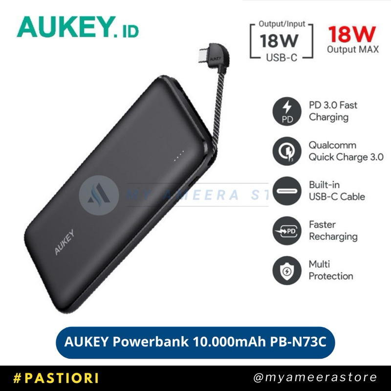 AUKEY Powerbank 10000mAh PB-N73C Basic Sling Series Built-in USB-C Cable Fast Charging 18W PD QC 3.0