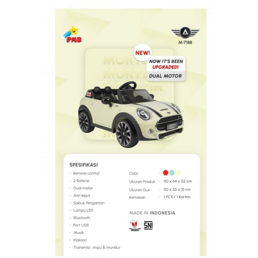 Promo Mobil Mobilan Mainan Anak Duduk Mini Cooper Mortein Vibe M7188 Eva Listrik Aki Remote Control