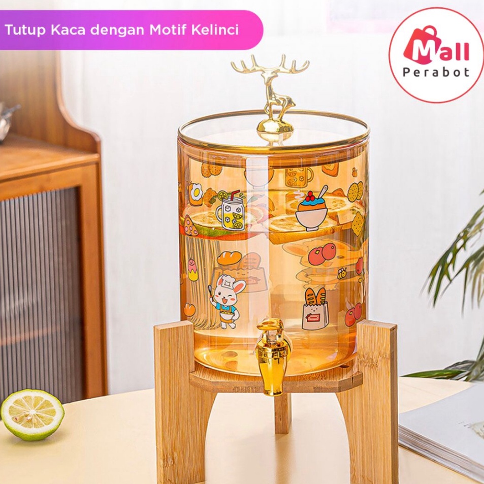☇✯✱ Mall Perabot | Dispenser Air Kaca | Ketel Air Dingin Kaca dengan Tatakan Kayu | Tempat Minuman E