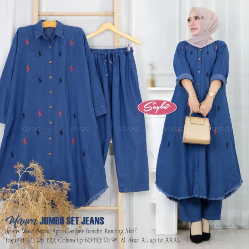 Maura Set Jeans Jumbo Baju Setelan Jeans Wash Premium/ Set Long Tunik Celana Jumbo/Tunik Long Jens B