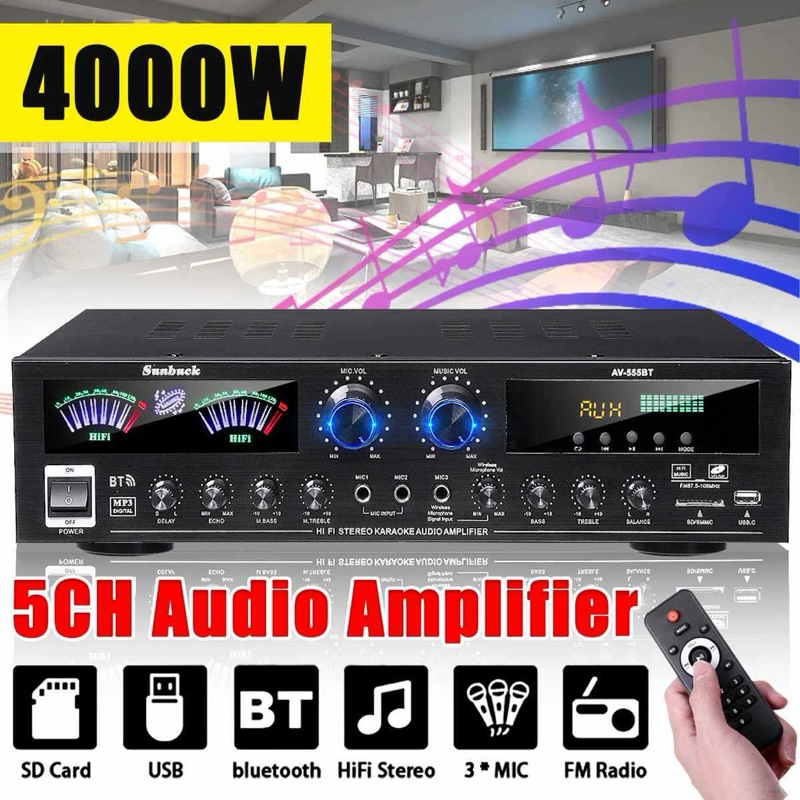 Sunbuck Audio Amplifier Rumahan karoke Bluetooth 5.0 Microphone HiFi USB MP3 Player