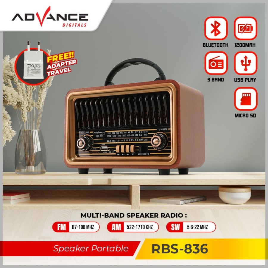 Advance Speaker RBS-836 Model Radio Tua Bluetooth Clasic Dengan Led