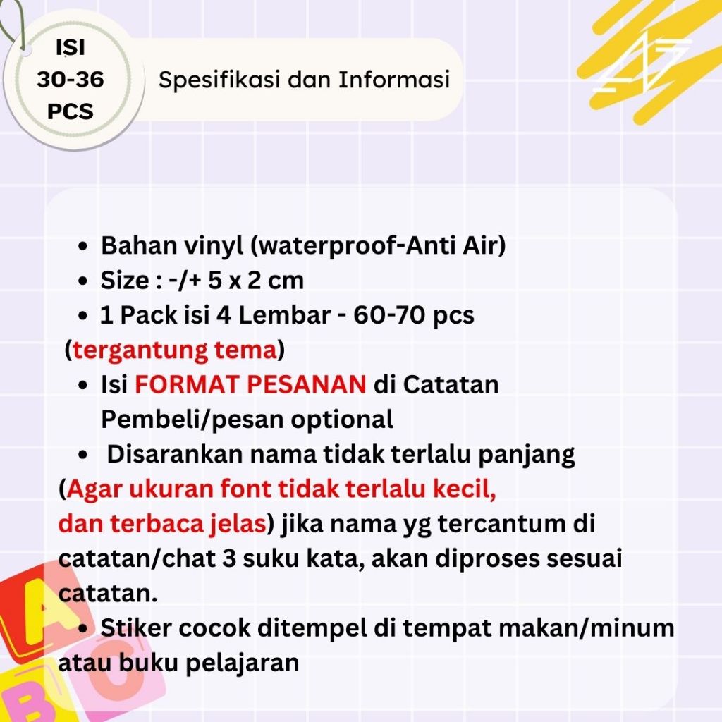 

RK Stiker Label CUSTOM NAMA Anak Bahan Tahan Air Waterproof
