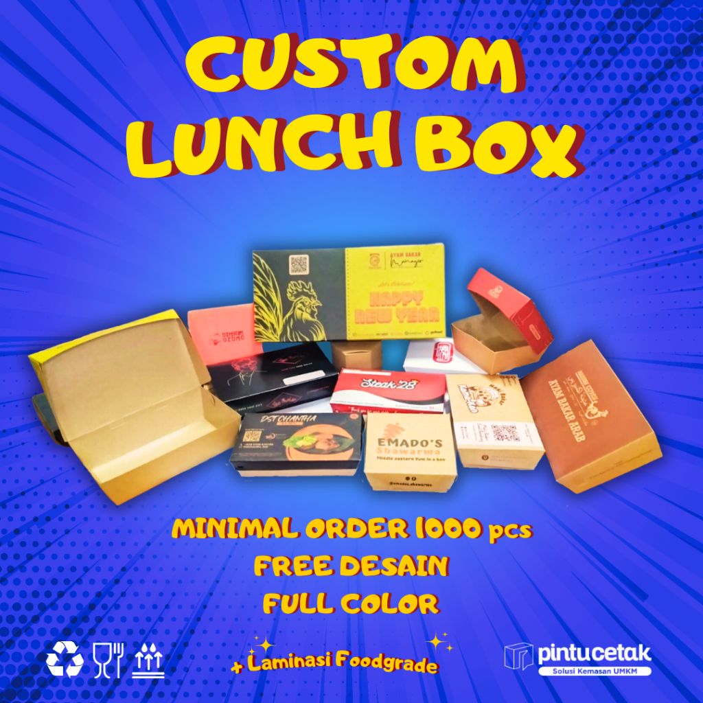 CUSTOM DESAIN LUNCH BOX Makanan Paper Kraft, MIN ORDER 1000 PCS, DESAIN FULL COLOR WARNA TERMURAH. L