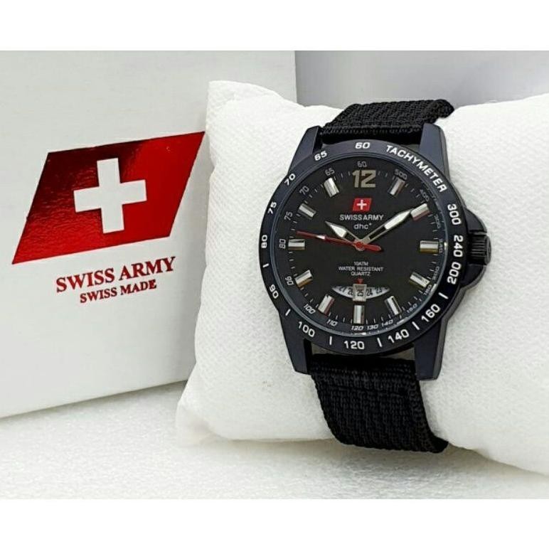 Jam Tangan Pria Swiss Original Army dhc 3777 Bahan Canvas Tanggal - Full Black