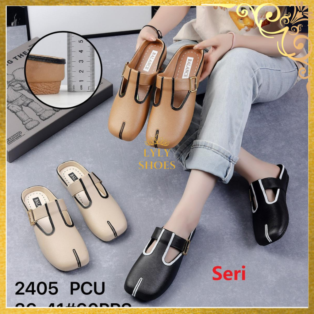 Sandal Karet Wanita Slip On Balance Motif Gesper Hak Rendah 2405