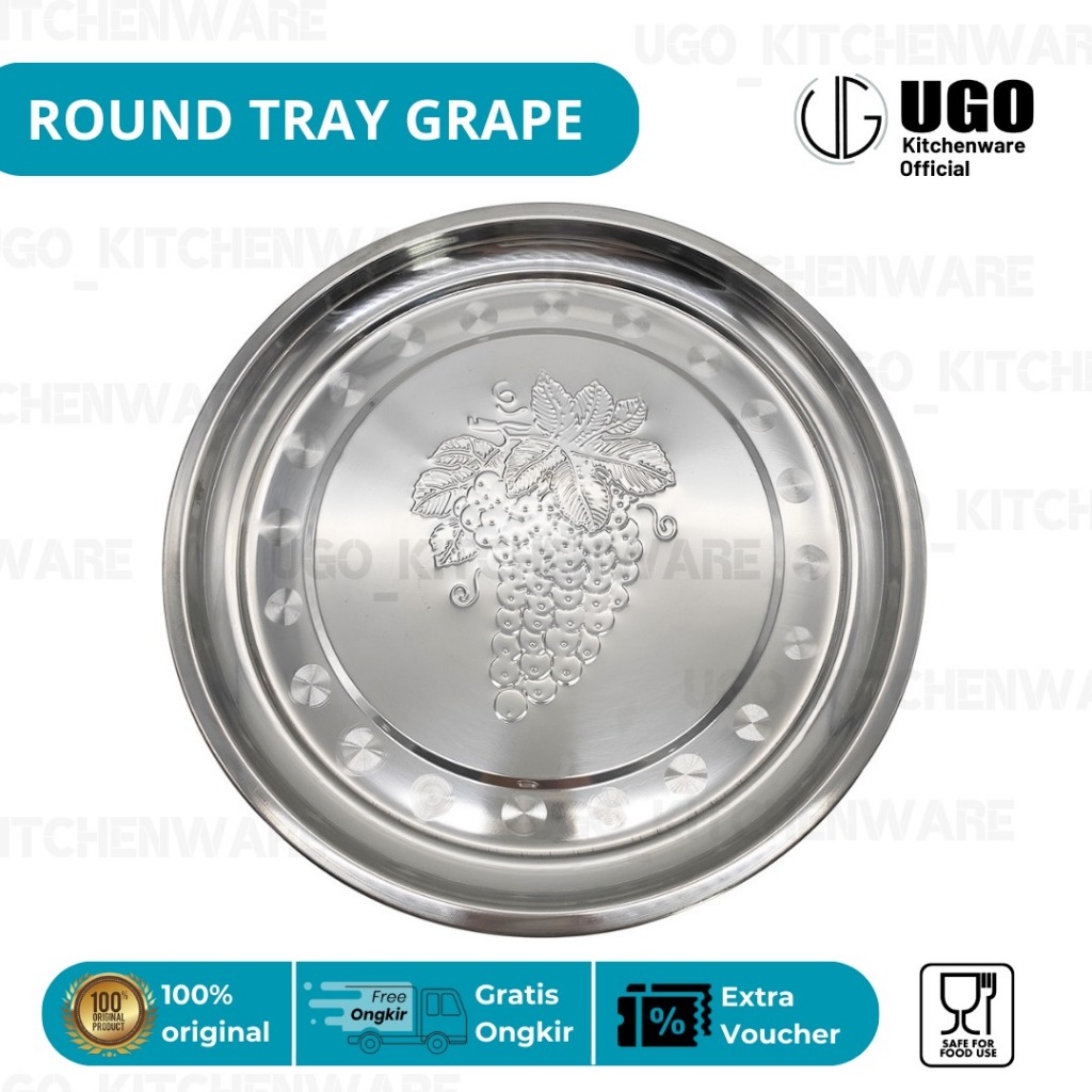 UGO Nampan Stainless Bulat Motif Anggur | Stainless Steel Round Tray Grap | Nampan Saji Baki Makanan