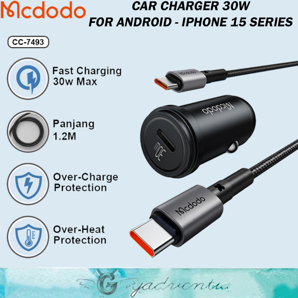 MCDODO Adaptor Car Charger Mobil Type C + Kabel Type C To Type C Fast Charging 30W Untuk Samsung S21