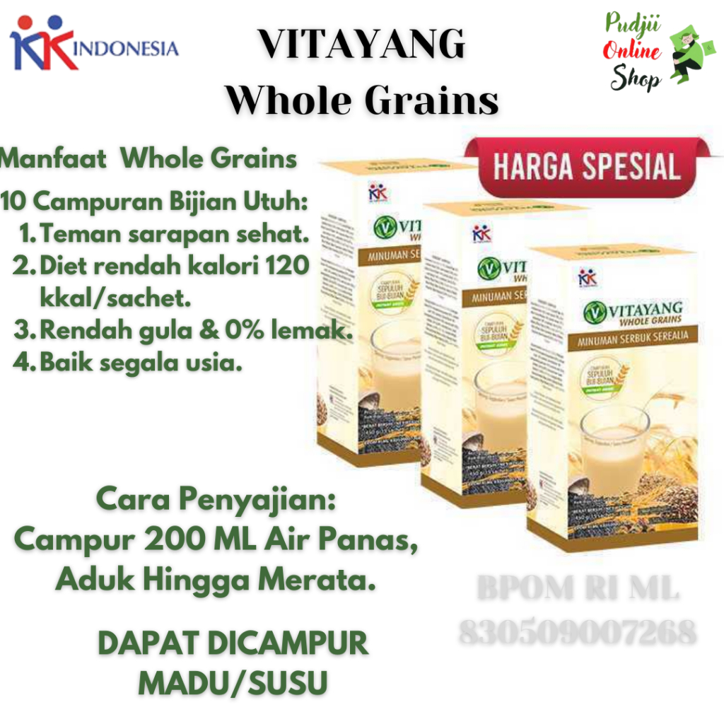 

Vitayang Whole Grains Sarapan Sehat Diet Sereal Rendah Kalori Gula Lemak Low Fat (3x15 Sachet)