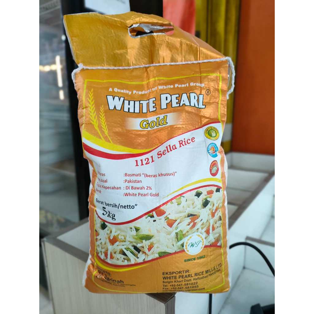 

Basmati White Pearl 5kg Beras 1121 Sella Rice Gold 5 kg / Beras basmati asli abu kass ابو كاس dari arab Saudi isi di dalam karung 5kg