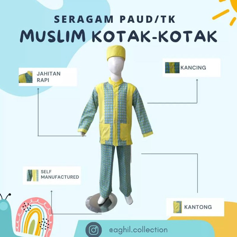Discount Today SERAGAM TK/PAUD MUSLIM KOTAK-KOTAK BAJU TK/PAUD KOTAK-KOTAK KUNING HIJAU grosir