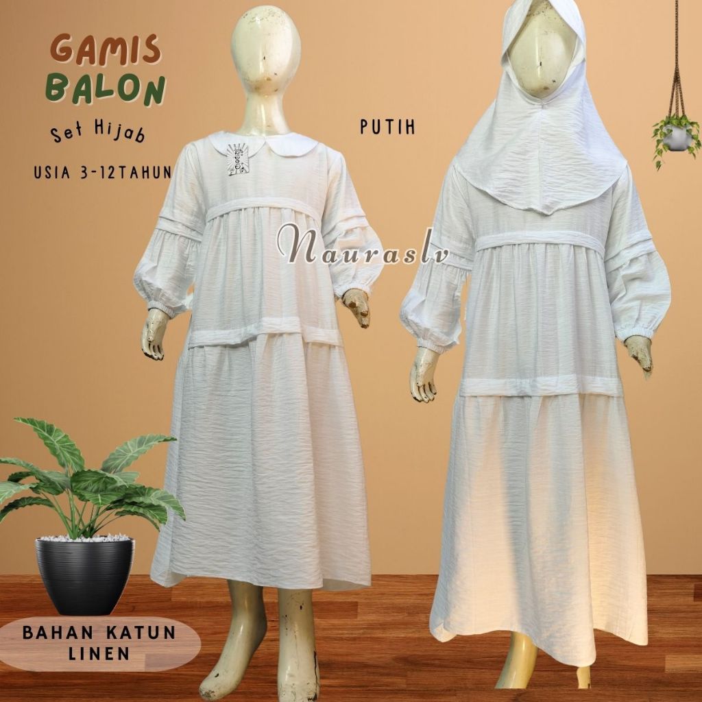 Baju gamis anak perempuan putih manasik haji katun linen pakaian muslim anak usia 3 sampai 12 Tahun