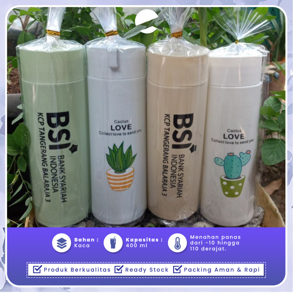 Tumbler Kaktus Custom Premium Tempat Minum Kaca 400 Ml Souvenir Pernikahan Tahan Panas