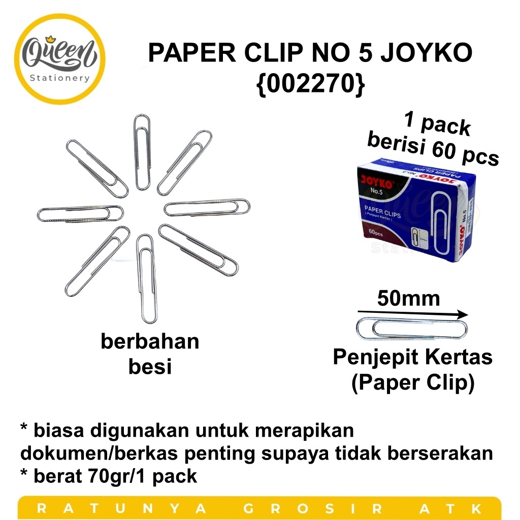 

1 KOTAK PAPER CLIP NO.05 JOYKO PENJEPIT KLIP KERTAS (002270)