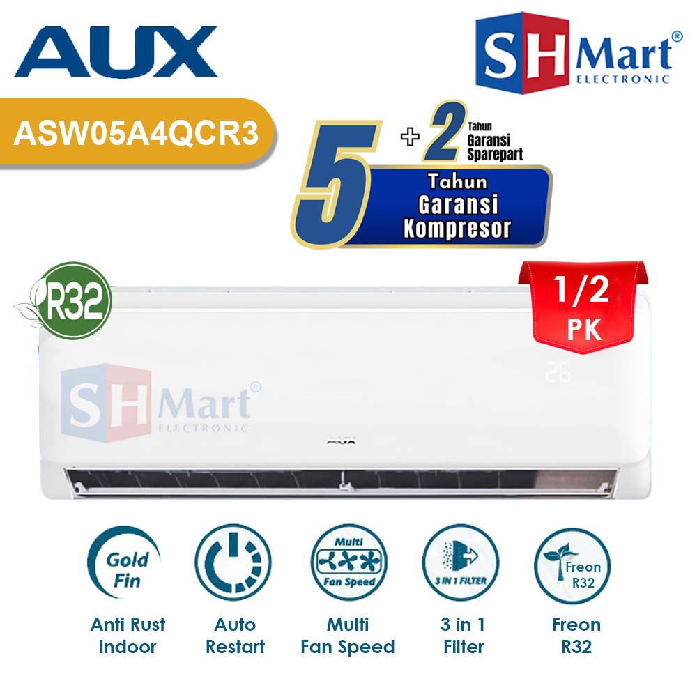 AC AUX 1/2 PK NEW FREON R32 ASW05A4QCR3 / 05A4QCR3 GARANSI RESMI UNIT ONLY (MEDAN)