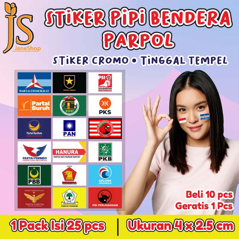 

Isi 25 pcs Stiker Pipi Logo Parpol - Sticker Pipi caleg - Stiker bendera Partai Politik - Sticker Partai Pemilu