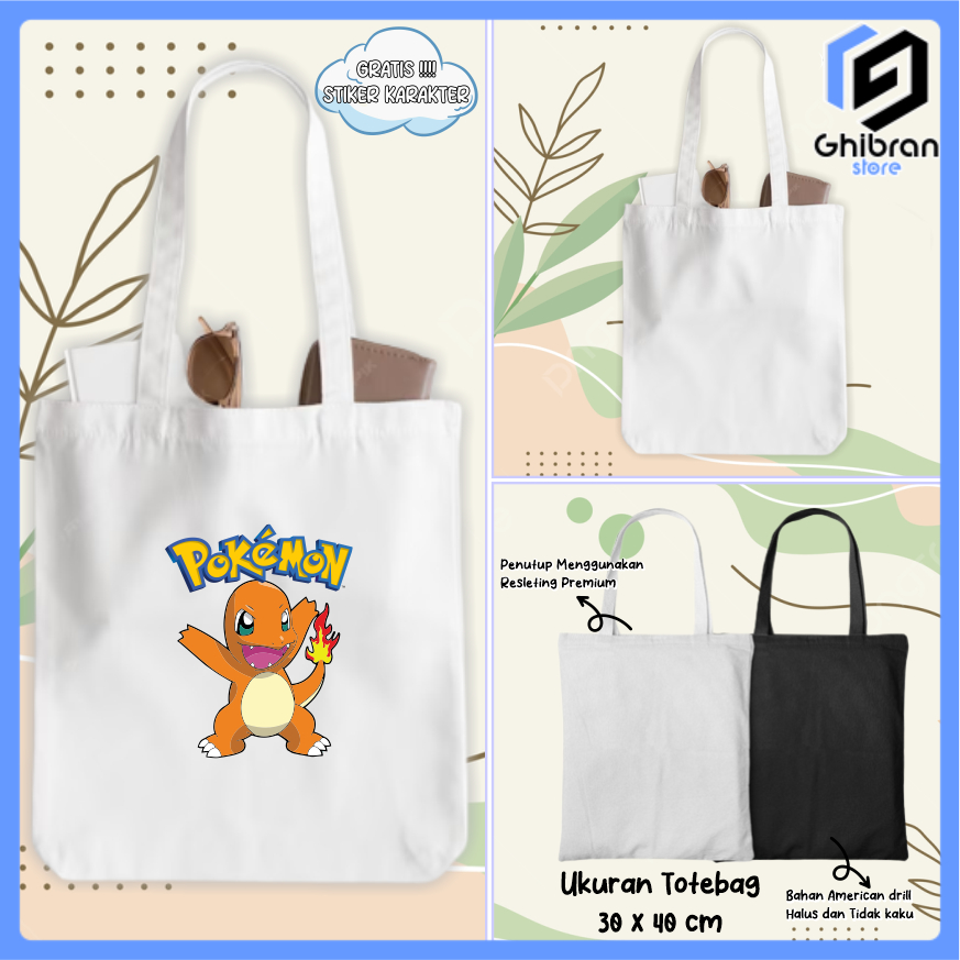 Tote Bag Tas Charmander - Pokemon Lucu Drill Wanita Goodie Bag Ulang Tahun Anak Aesthetic
