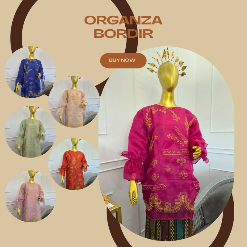 Tunik Organza / Blouse Organza / Baju Bodo Modern Organza Bordir Serut Samping (Hanya Baju)