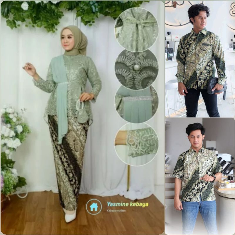 Setelan Baju Couple Blouse Aurora Selendang Cerutti Sage Green Set Kemeja Batik Pria Motif CM Sage /