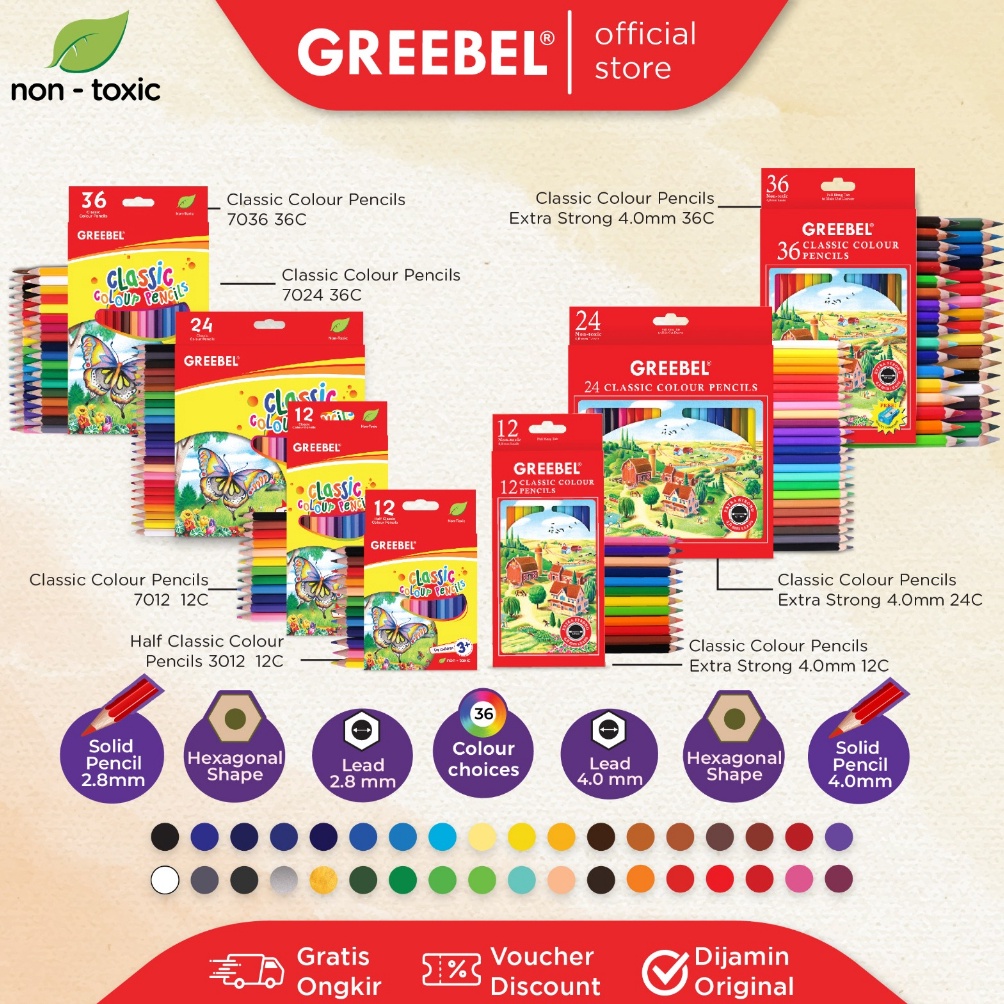

KODE M5U9 GREEBEL Pensil Warna CLASSIC COLOR PENCIL ColoringColorColour Pencils Cerah tidak beracun utk mewarnai anak