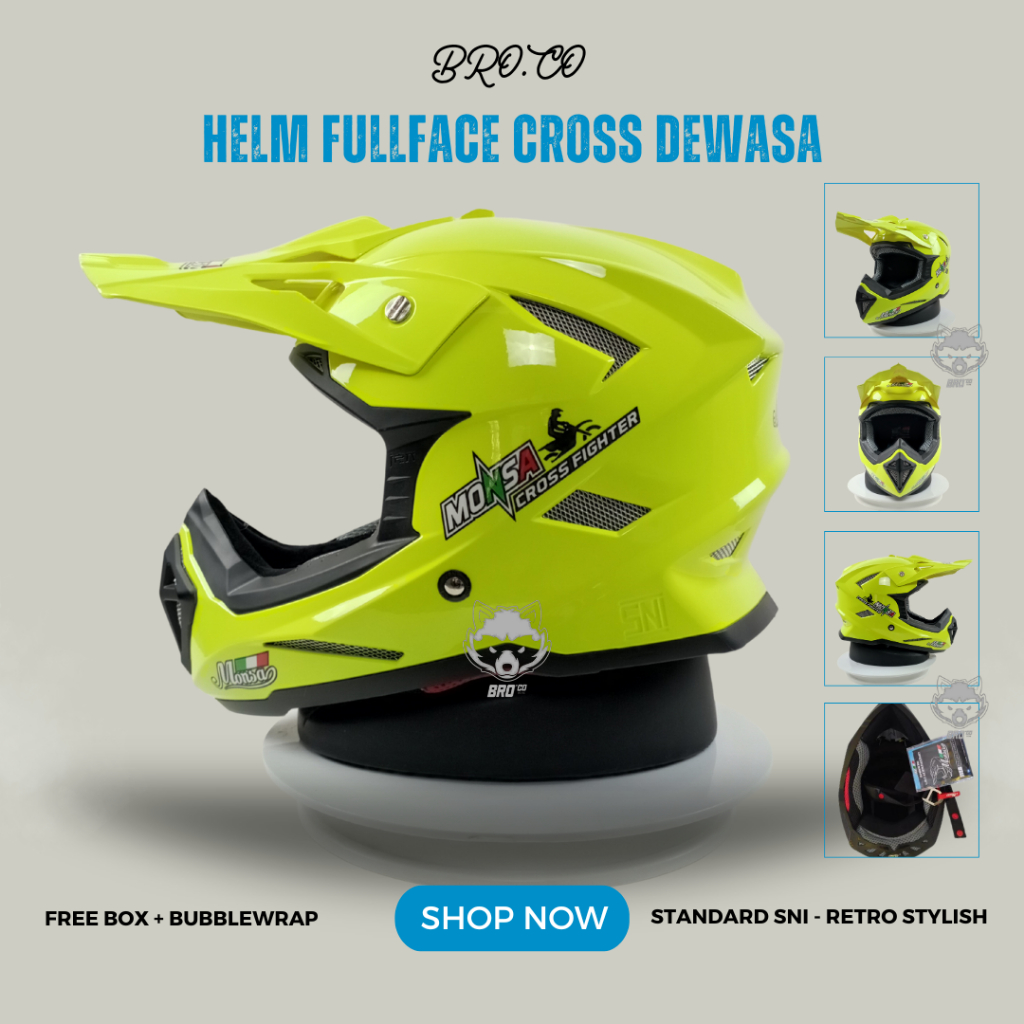 Helm Cross Branded JPN Full Face Cross Motor Trail Yellow Fluo Glossy Solid Kuning Fluo Mengkilat Or