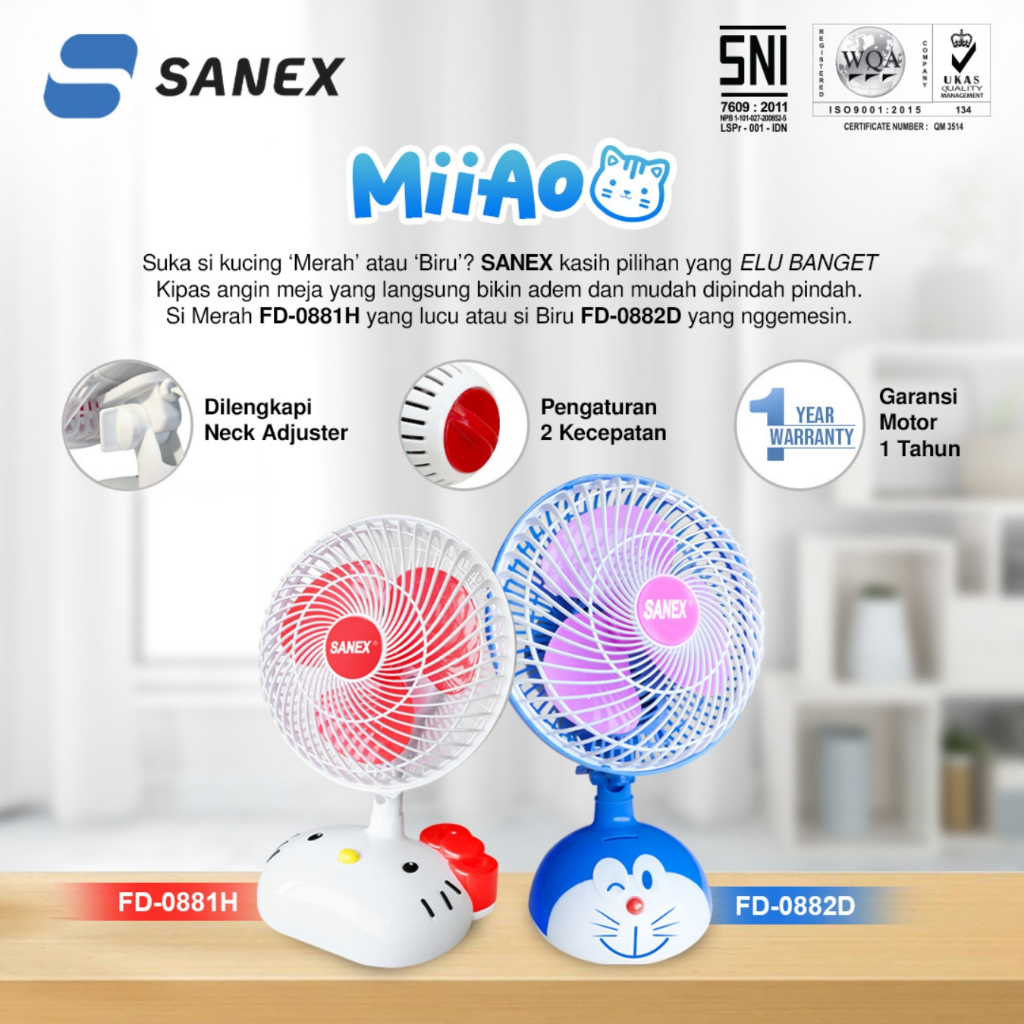 Sanex Kipas Angin Meja FD-0882D Karakter Doraemon 8 Inch dan Hello Kitty Kipas Kecil Anak Kipas Bela
