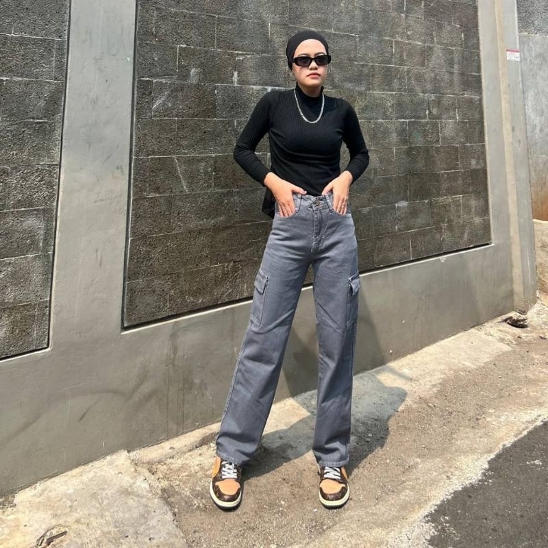 HW CARGO LOOSE JEANS ABU & CHOCO / JEANS CARGO WANITA KEKINIAN WARNA PUTIH / CELANA PANJANG JEANS CE
