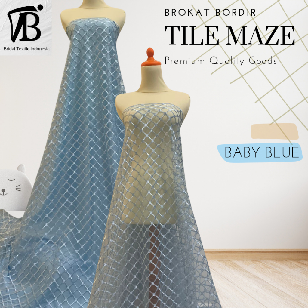 Kain Brokat Tile Tulle Bordir Maze Kotak Square Polos Bahan Kebaya Dress Gaun Warna Biru Muda Baby B