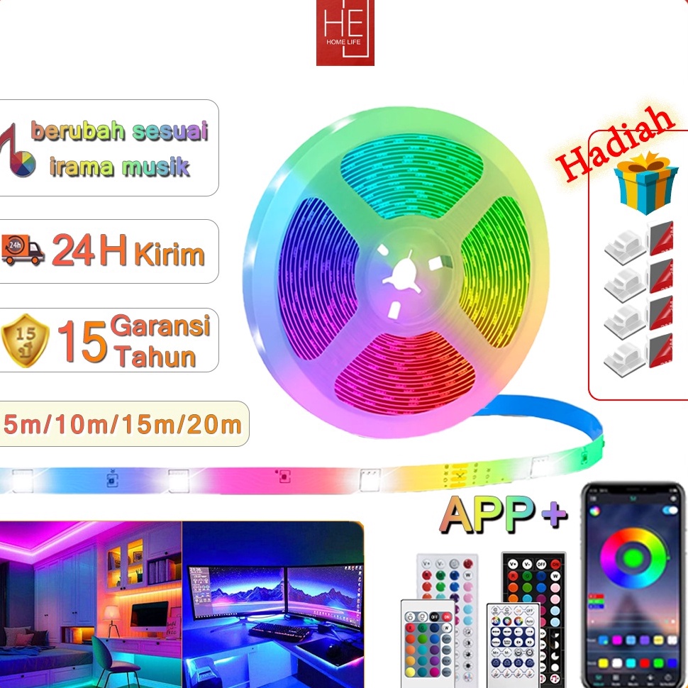 Kekinian Lampu Led Strip APP musik RGB 55 2835 5M 1M 15m 2m HP Sensor Music tahan air REMOTE LAMPU H