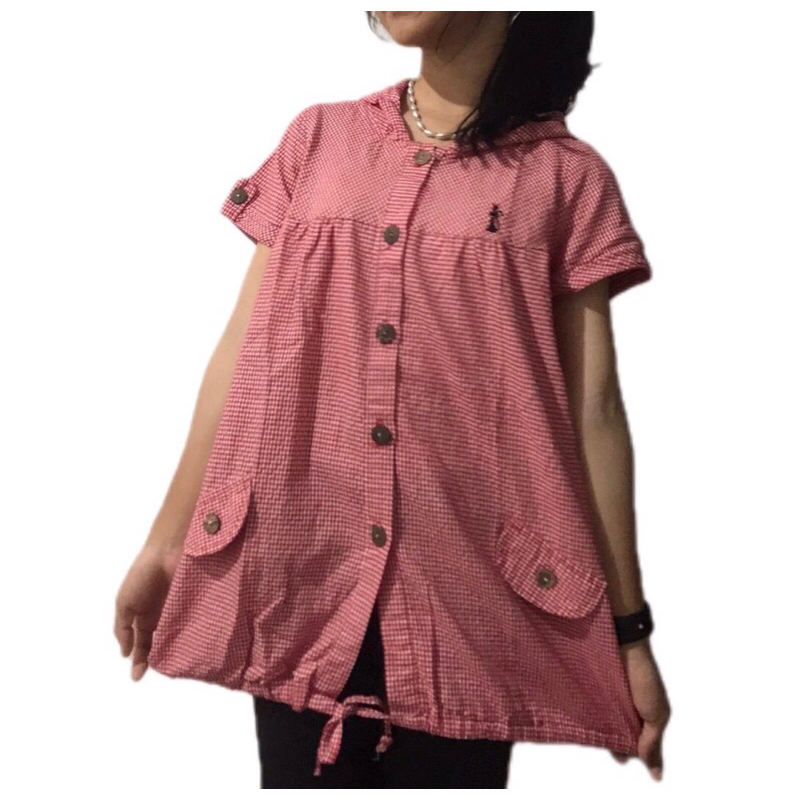Kemeja Hoodie Wanita Kotak-kotak Merah Kecil