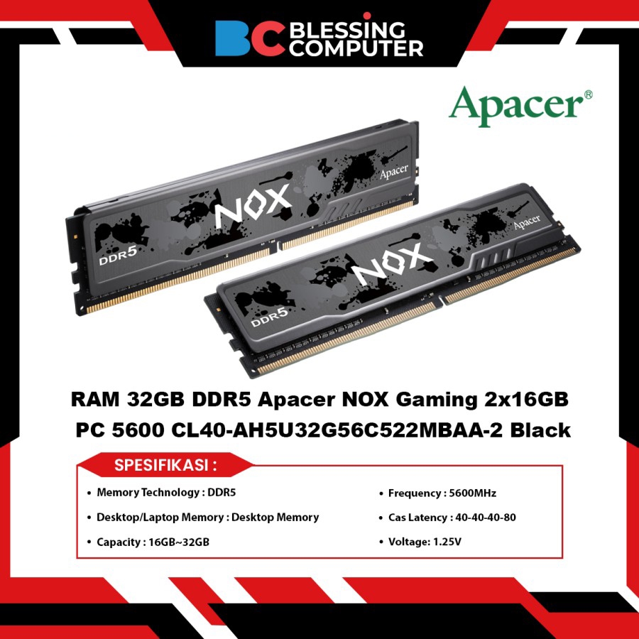 RAM 32GB DDR5 Apacer NOX Gaming 2x16GB PC 5600 CL40-AH5U32G56C522MBAA
