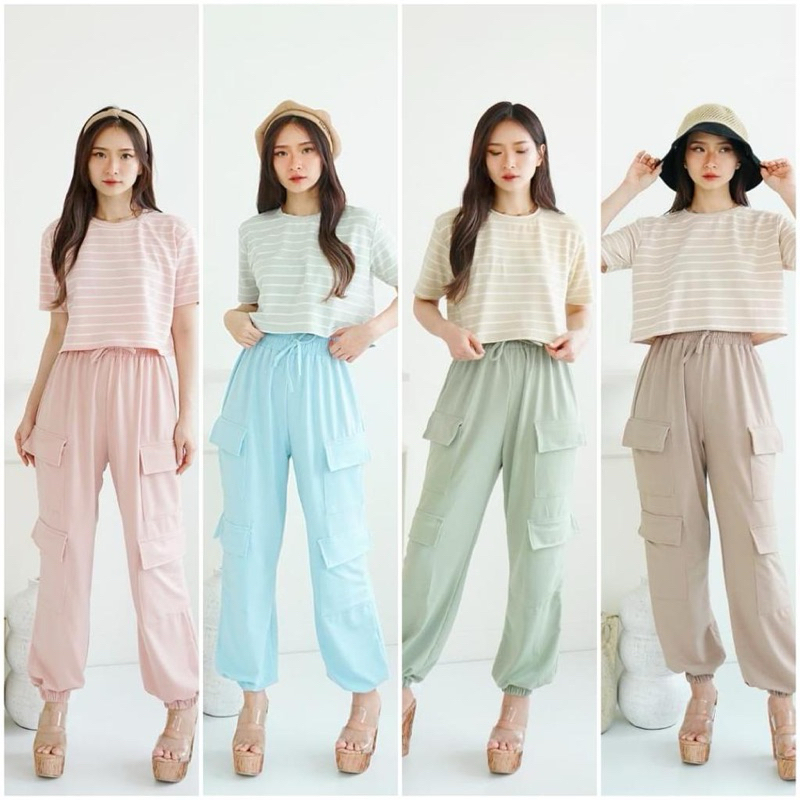 kode V8938 setelan wanita set import crop top katun celana panjang jogger cargo cute kerja