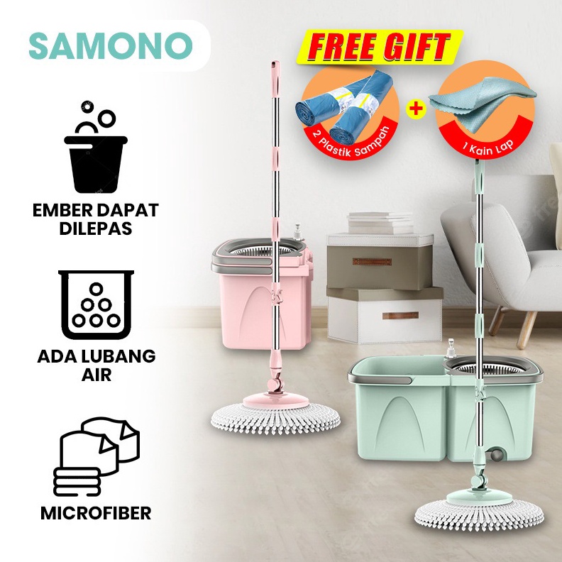 DiskonSamono Alat Pel Mop Kain Fiber dengan Spin Mop Ember Dapat Dilepas Alat Pembersih Lantai SCM15
