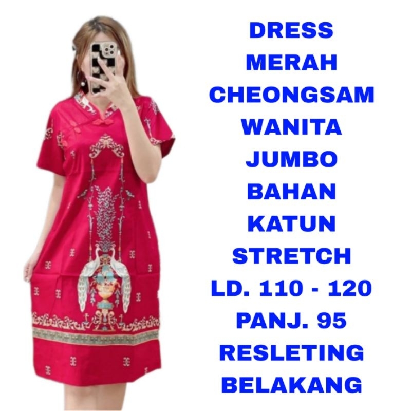 WK DRESS CHEONGSAM WANITA JUMBO BIG SIZE LD. 110 120 KANVING SHANGHAI BAJU IMLEK SINCIA NATAL MERAH