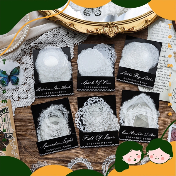 

1 set isi 30 pcs sticker retro lace transparan doily vintage journal scrapbook aesthetic HB1448