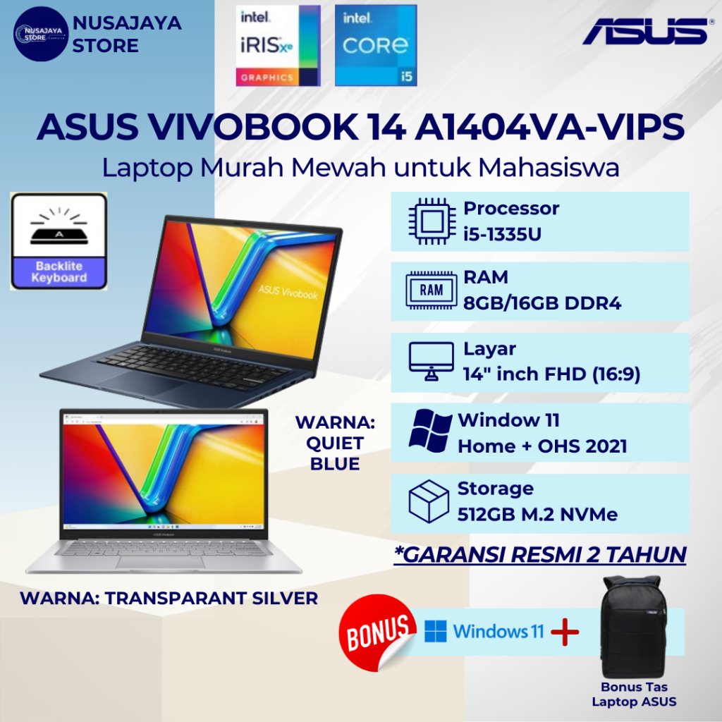 ASUS Vivobook 14 A1404VA i5-1335U 8GB 512GB iRis Xe 14" FHD OHS W11