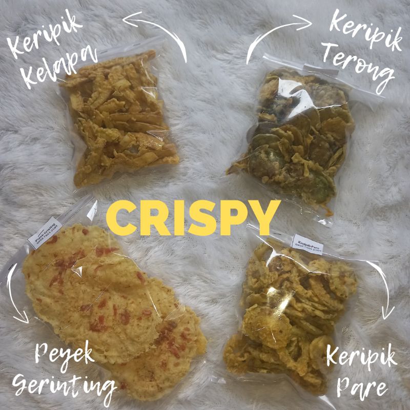 

Keripik Kelapa, Keripik Pare, Keripik Terong, Keripik Pepaya, Peyek Cabai, Peyek Grinting