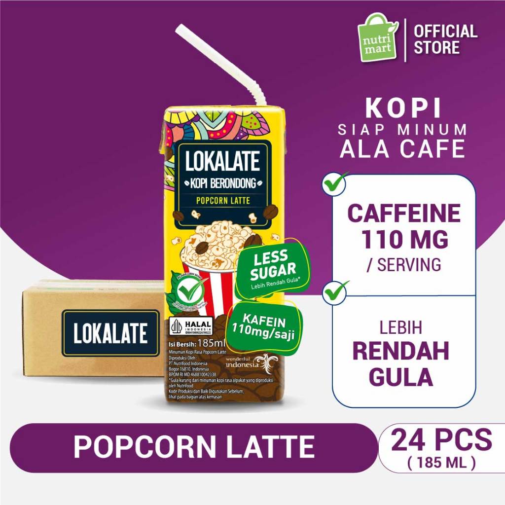 

24 Pack - Lokalate Kopi Berondong (Popcorn Latte) 185 ml - Lebih Rendah Gula & Tinggi Vitamin A