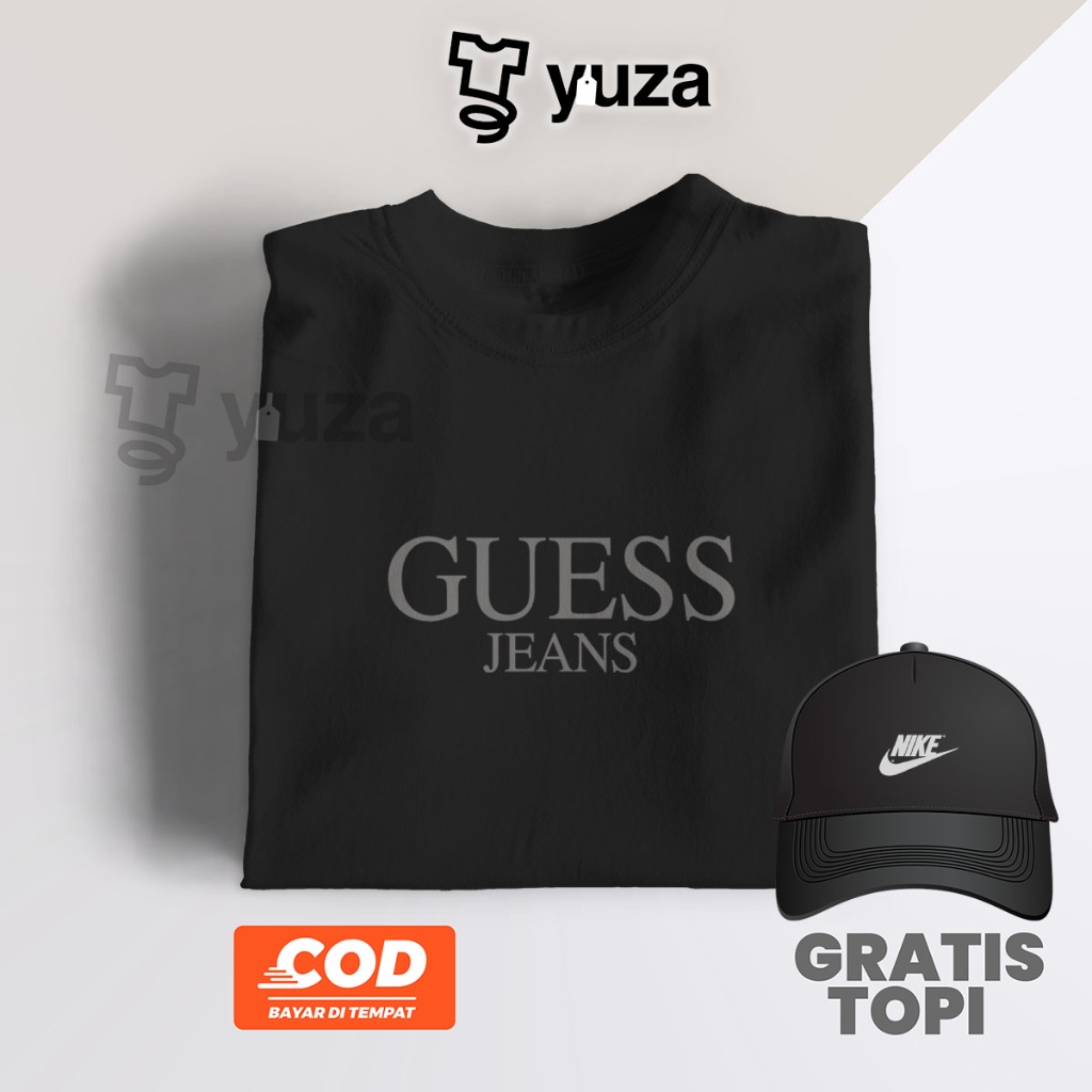 GRATIS TOPI   YUZA CLOTH baju kaos lengan pendek Guess Teks Abu t-shirt pria-wanita bahan katun premium