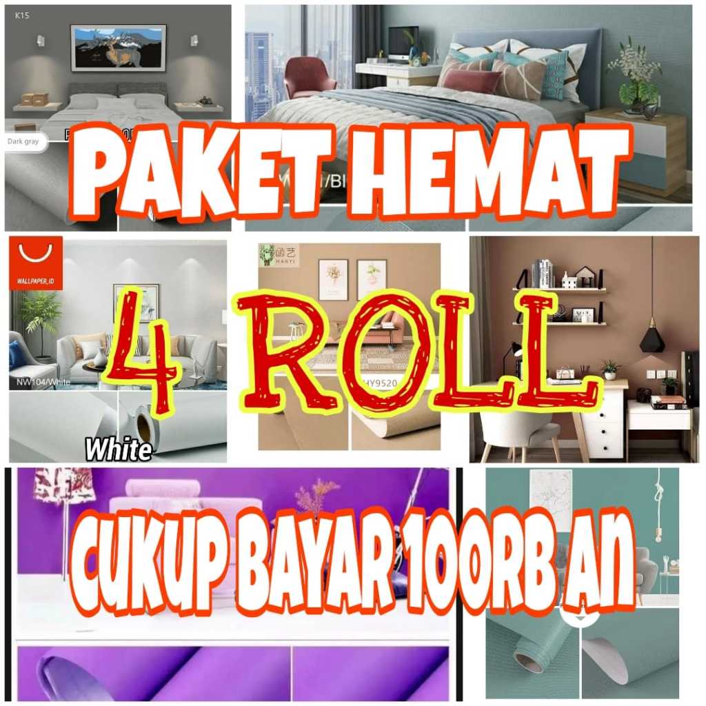  Harga Spesial  PAKET HEMAT 4 ROLL Wallpaper dinding PUTIH SALUR BATIK polos pastel Premium sticker 