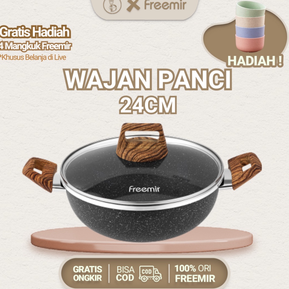 Kejar Promo Trxl2L6x BONUS 4 PCS FREEMIR 24 cm Wajan Anti Lengket Penggorengan Wok pan Granite denga