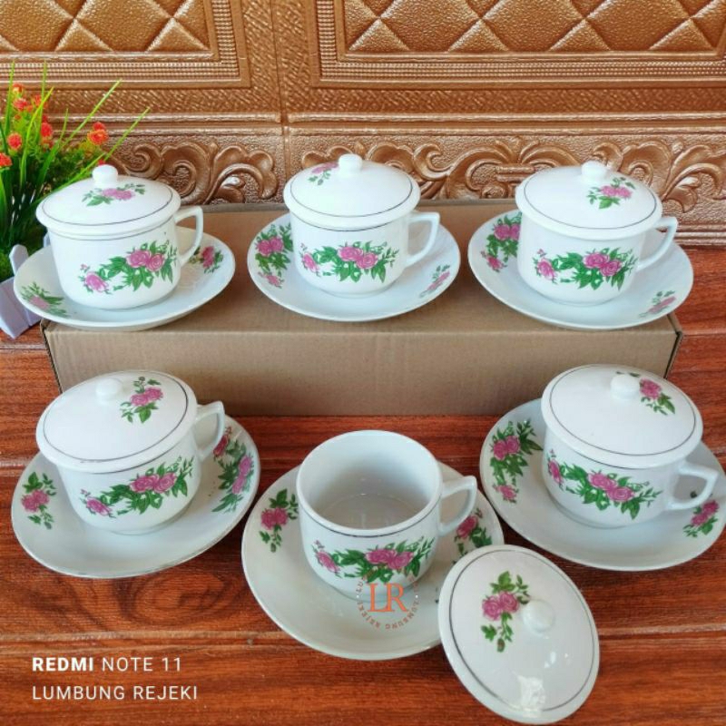 Astrea Fashion () Cangkir Kopi Keramik Jadul Lengkap Tutup / Set Cangkir Keramik Kopi Jadul Motif