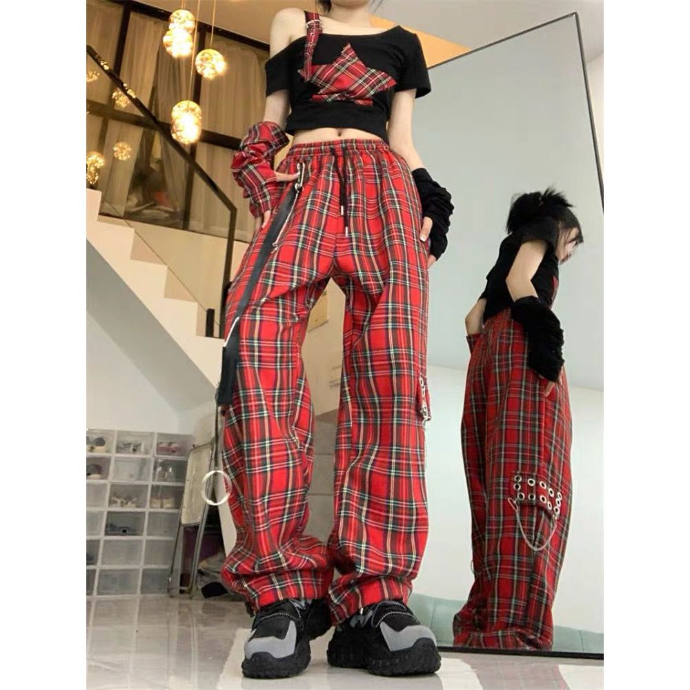 Drama Cargo Pants | MILKTEAS | Celana Cargo Wanita Merah Tartan Kotak-Kotak Oversize Baggy Pants Kor