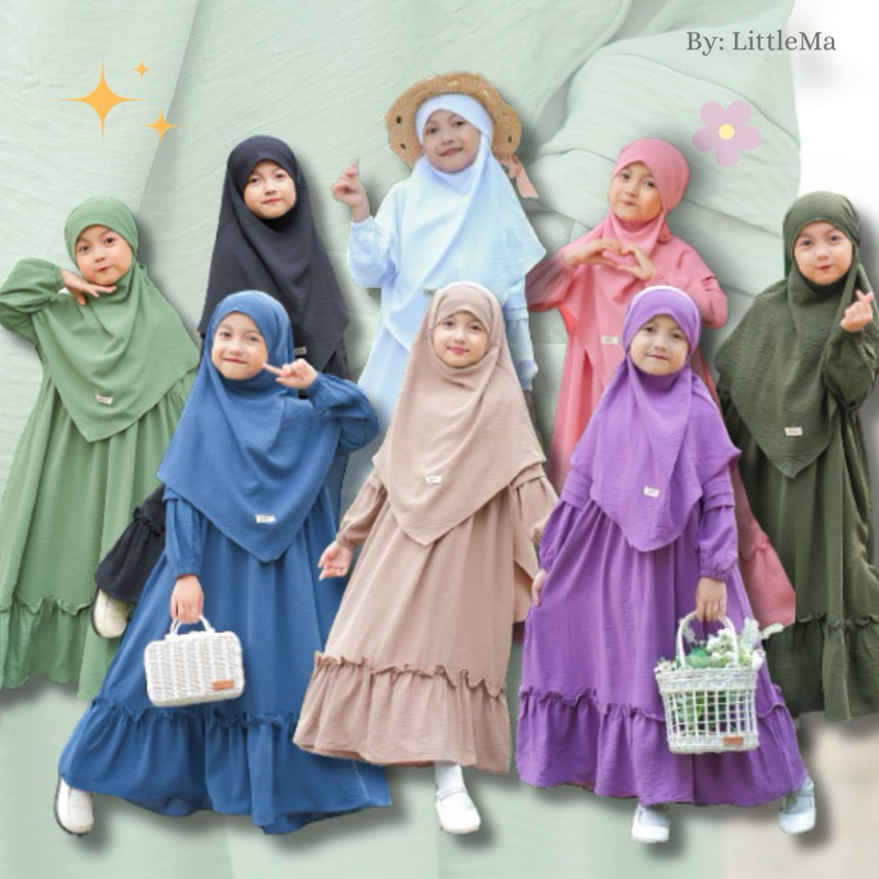 LITTLEMA -Gamis Syar'i Anak Perempuan / Set Gamis Anak Aurora M L XL XXL / Gamis Anak Perempuan Crin