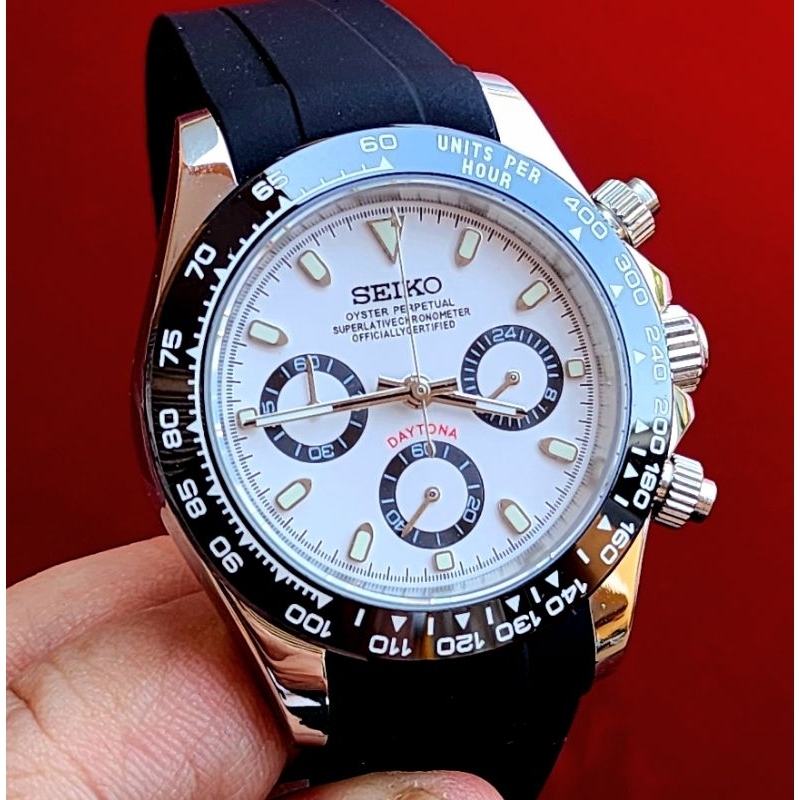 Jam tangan HOMAGE SEIKO MODS COS MOGRAPH DAY TONA WHITE PANDA RUBBER B STRAP ORIGINAL