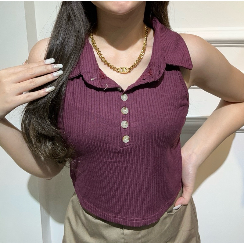 Gienelabel - Hilary Tanktop Halter Collar Button | Atasan Crop Top Kerah Halter Crop