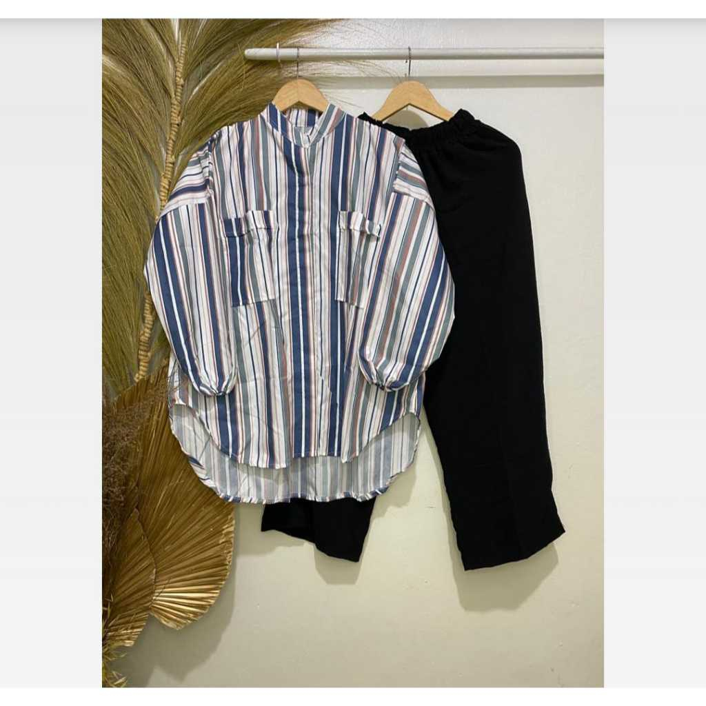 Oneset  Maiden Tunik Motif Garis Setelan atasan+Celana Jumbo