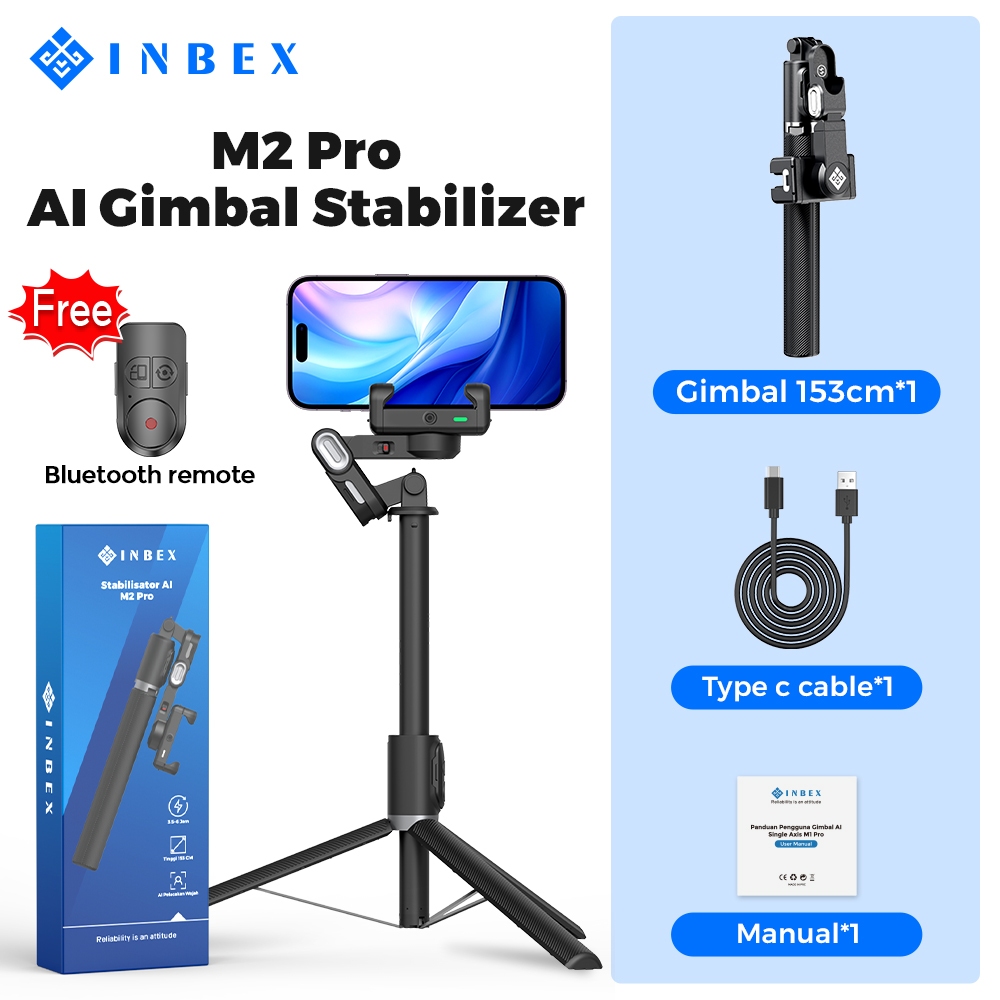 INBEX M1/M2 Gimbal Stabilizer Handphone AI Face Tracking No need APP 153cm Tongsis tripod multifunctional Stabilizer-M2 hitam