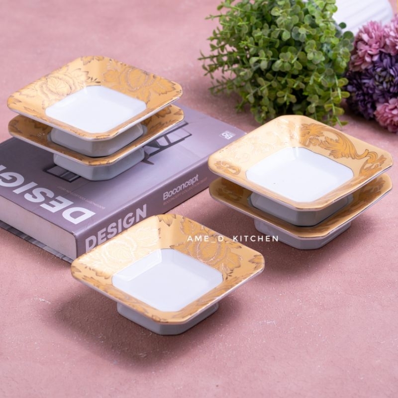 SALE Piring kue kaki segi keramik isi 5 pcs motif bunga gold